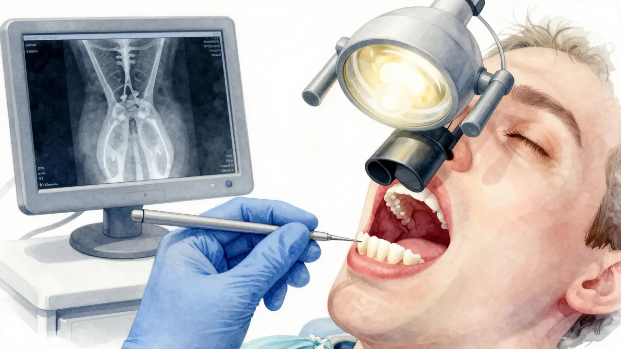 Zubní lékař fixuje kývající se zub na sousední zuby tenkým vláknem pod zvětšením.