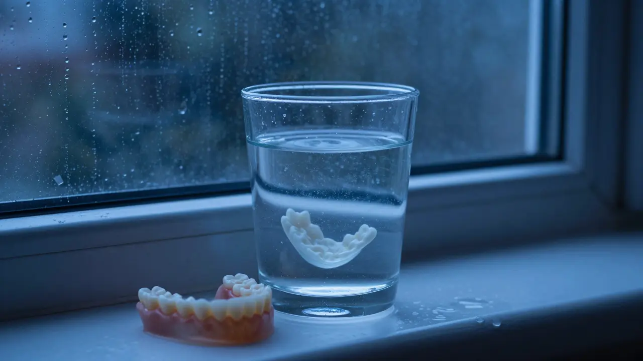 Zubní protéza plovoucí v čisticím roztoku v sklenici na nočním stolku.