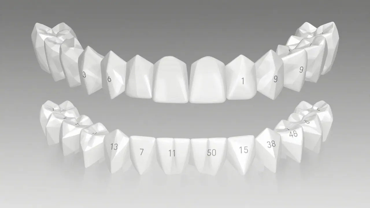 Číselně označené zuby v čtyřech kvadrantech podle systému FDI.