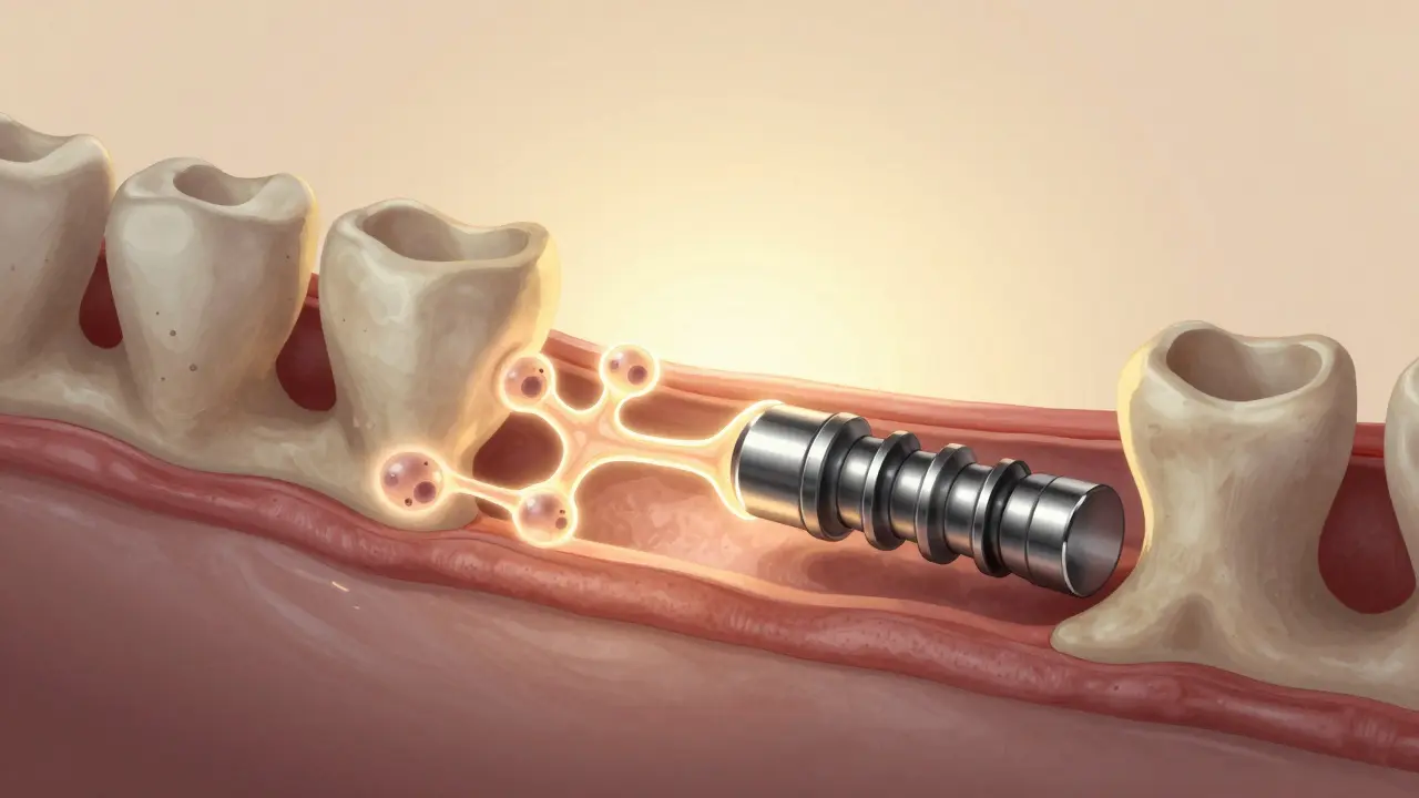 Cross-section of jawbone showing implant fused with bone tissue during osteointegration.