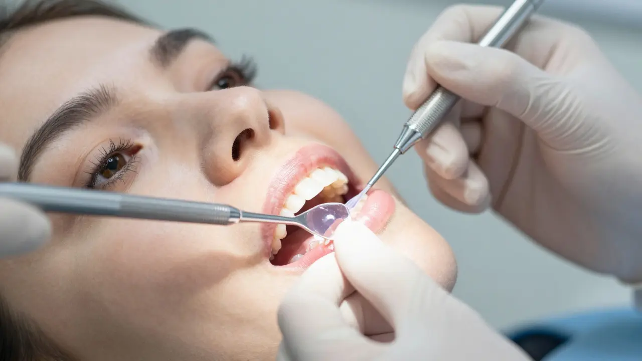 Dentista aplikuje profesionální bělící gel na zuby pacienta.