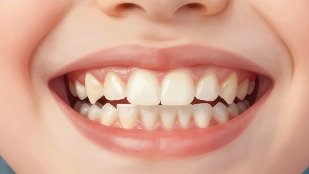 Dětská ústní dutina při přechodu z mléčných na trvalé zuby.