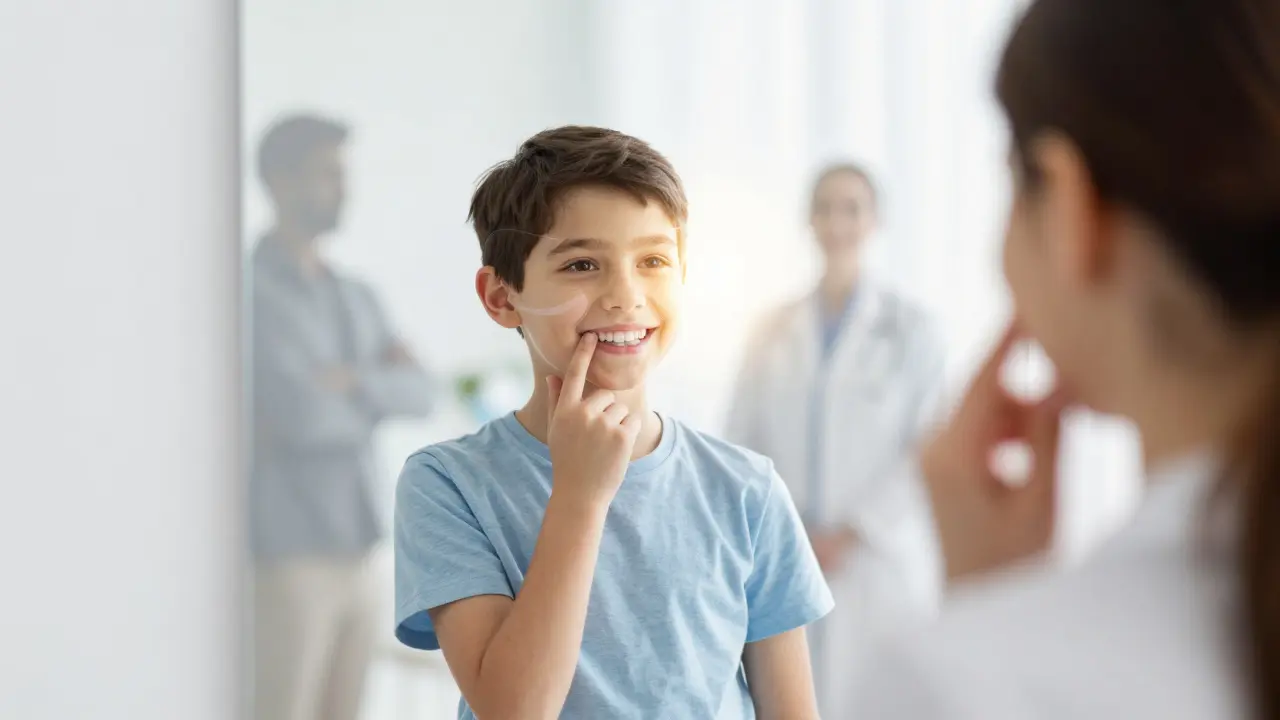 Dítě stojí před zrcadlem, jeho úsměv se postupně zavírá, kolem něj jsou postavy podpory.