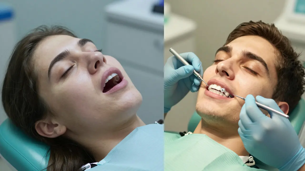 Dvě strany: jedna ukazuje brnění zubů a suchá ústa, druhá ukazuje léčbu fluoridem a noční ochrannou nástavbou.