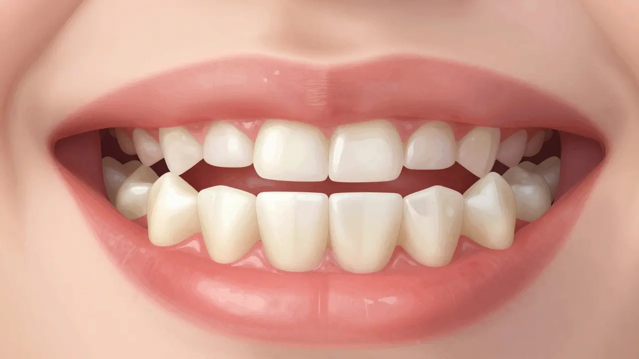 Ilustrace zdravého a poškozeného ústního prostředí s posunutými zuby způsobenými plakem.