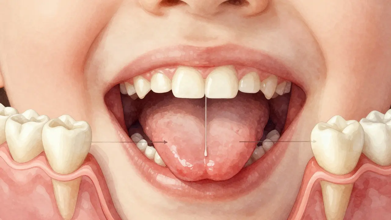 Křížový řez dítěteho úst, ukazující jazyk tlačící do mezery a pásík mezi zuby.
