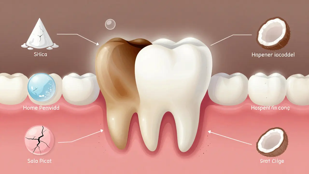 Mikroskopický pohled na zubní sklovinku s odstraněnými skvrnami, bez nebezpečných domácích metod.