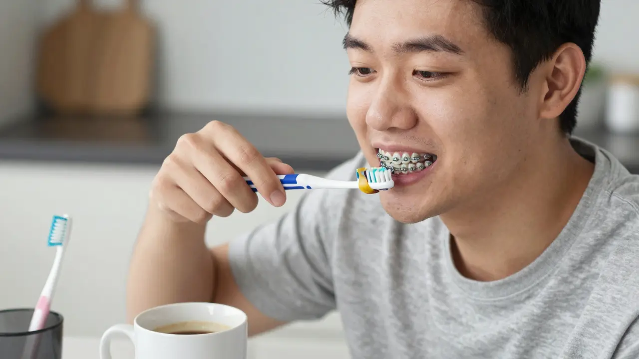 Muž čistí zuby s keramickými rovnátky, viditelné zbarvené šňůrky.