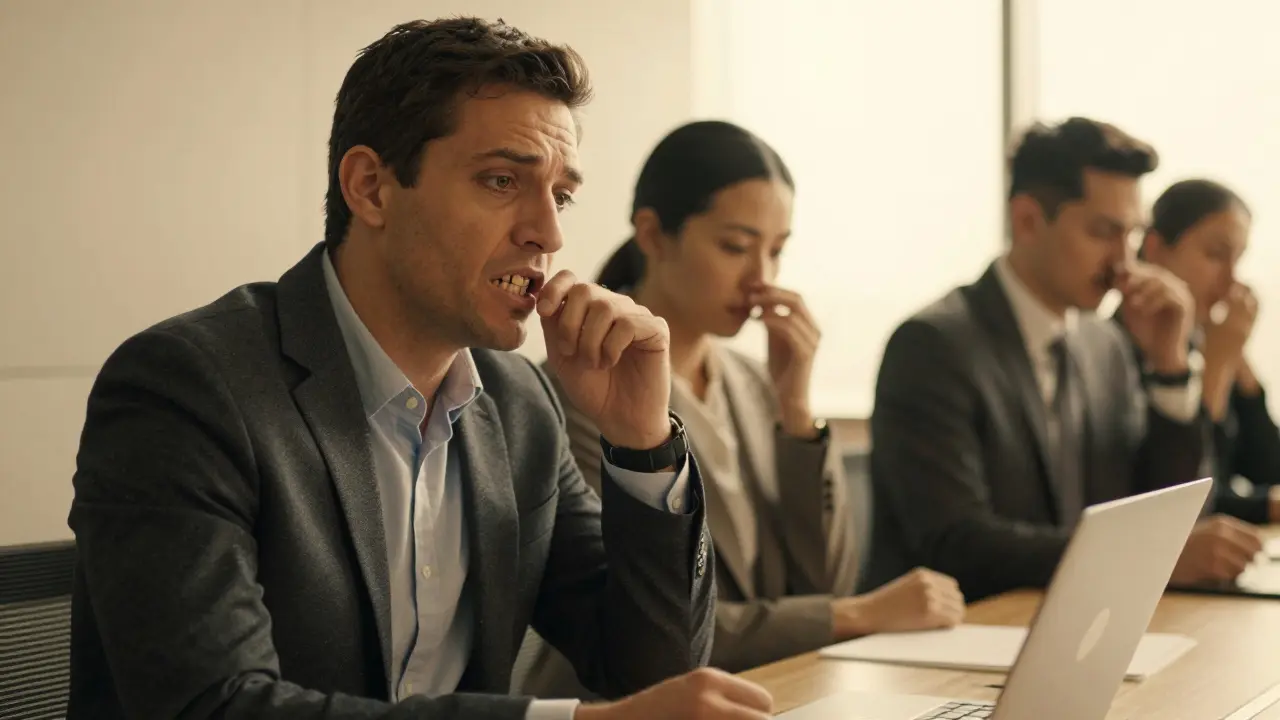 Muž mluví na schůzce s zubními problémy, kolegové se otočí.