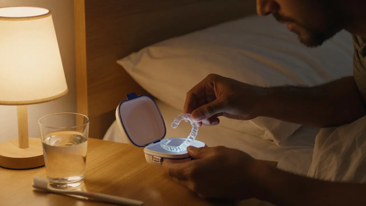 Muž ukládá retentor do malé krabičky před spaním v nočním osvětlení.