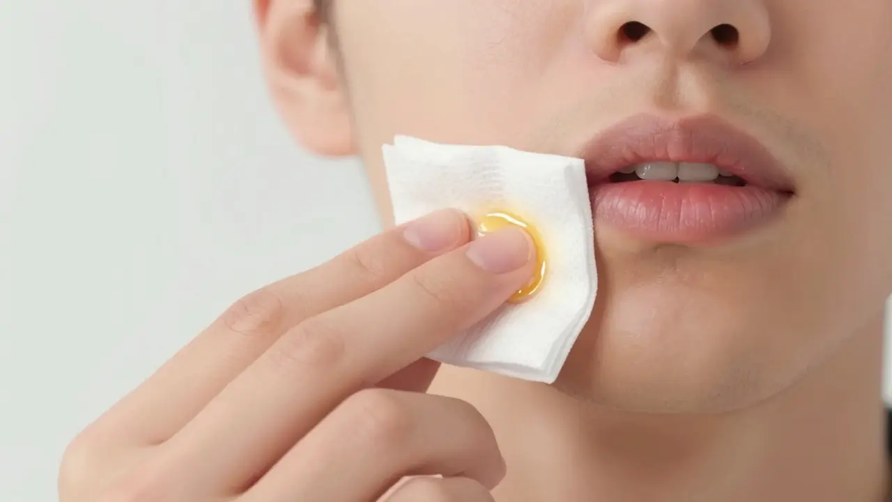 Osoba aplikuje gázu s odvarem z hřebíčku na zánětlivou dásen s rovnátkem na pozadí.