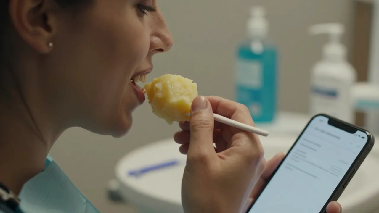 Osoba jí měkkou potravu s chybějícím nalepovacím zubem.