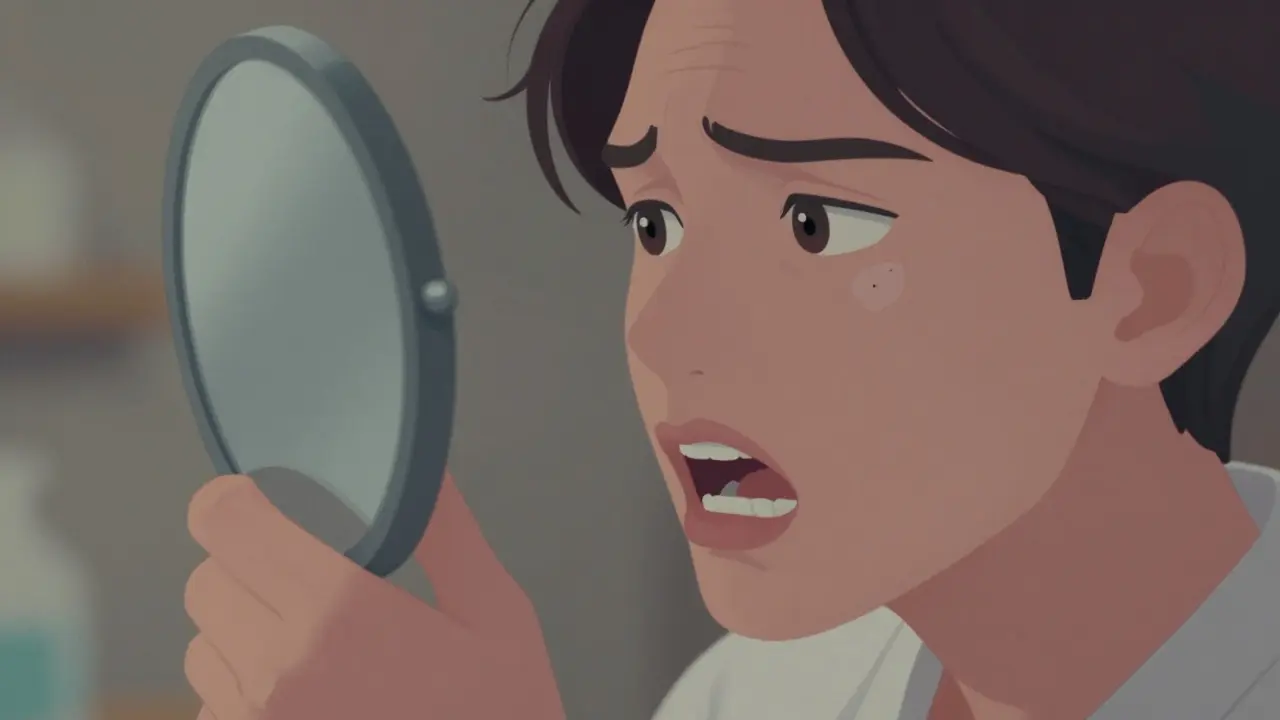 Osoba se dívá do zrcadla a pozoruje neviditelné příznaky kazu na zubech.