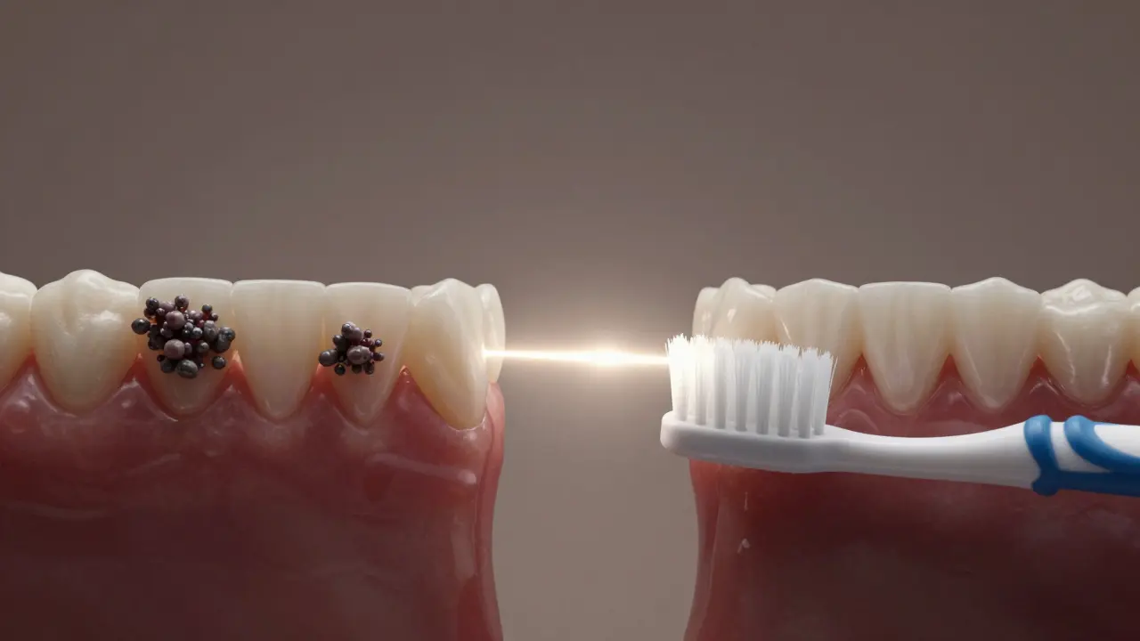 Porovnání znečištěných a čistých mezizubních prostor po použití kartáčku.