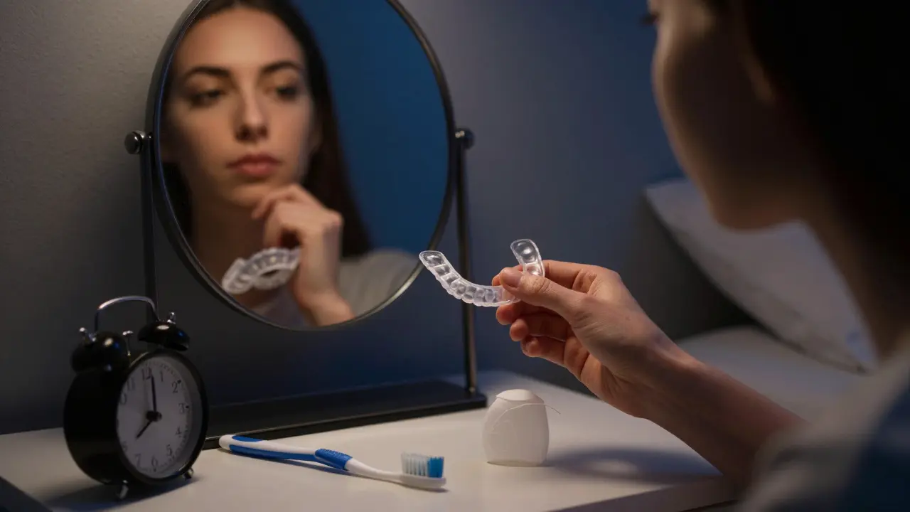 Přesný transparentní ortodontický držák v noci, symbolizující prevenci mezer mezi zuby.