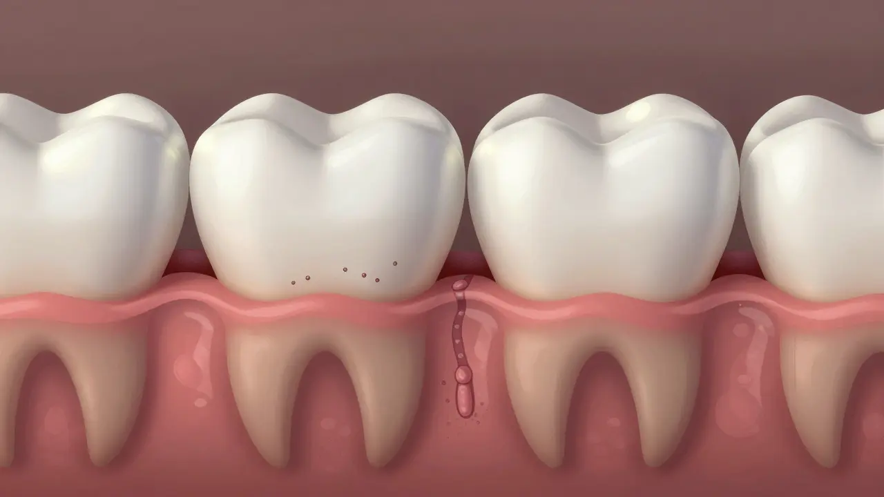 Příčný řez zubem ukazující postupující rozklad skloviny a dentinu.