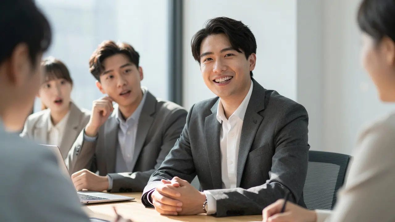 Profesionální muž v obleku se směje během pracovní schůzky, jeho rovnátka jsou skrytá a všichni kolem jsou přirozeně zapojeni.