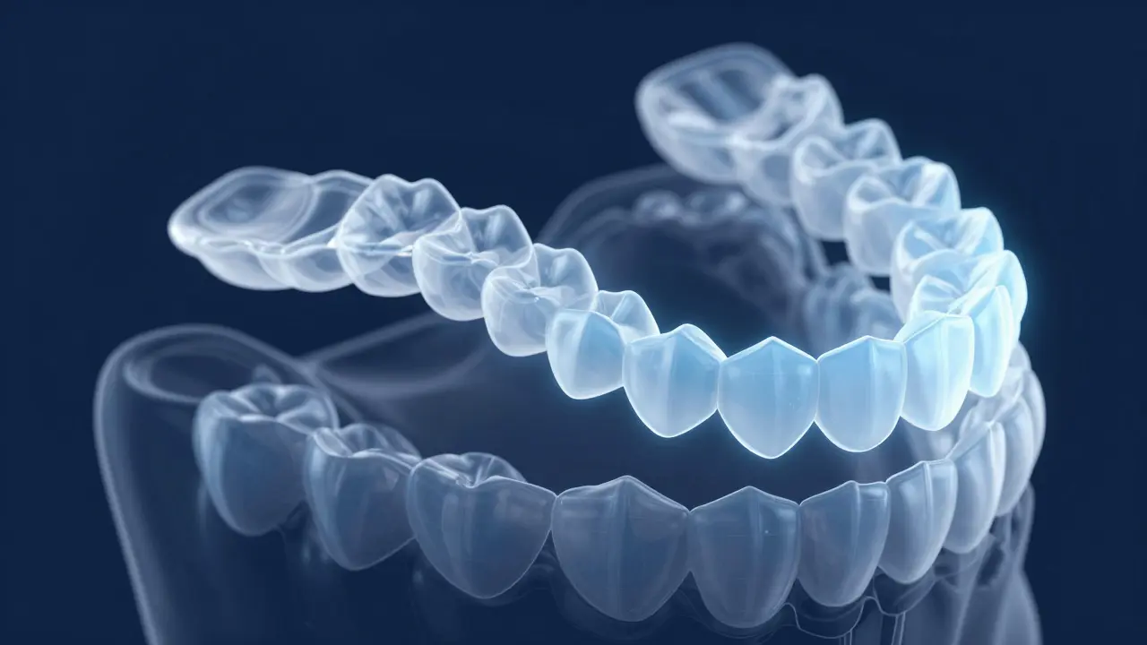 Průhledné rovnátka v řadě, ukazující postupné posuny zubů s digitálním základem.