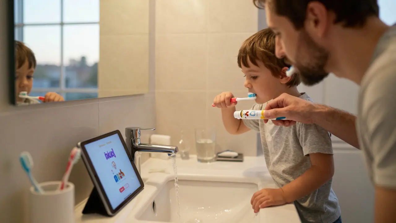 Rodič a dítě společně čistí zuby ve večerní koupelně, zubní kartáček s postavičkou a časovač na tabletu.