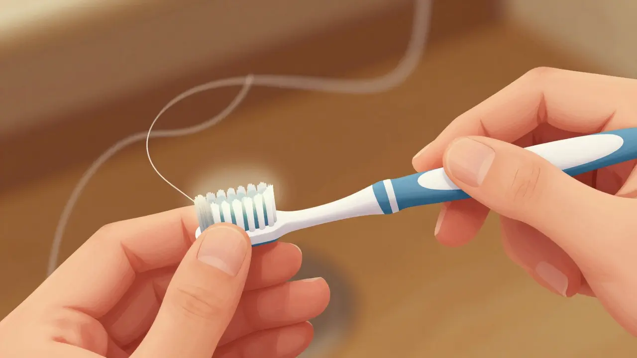 Ruka čistí mezery mezi zuby mezizubním kartáčkem s jemným dotykem dásní.