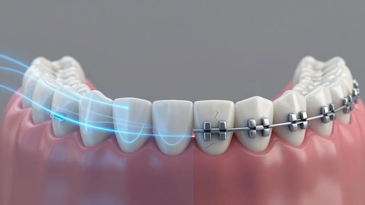 Srovnání 3D simulace Invisalign a poškozené keramické šošovky.