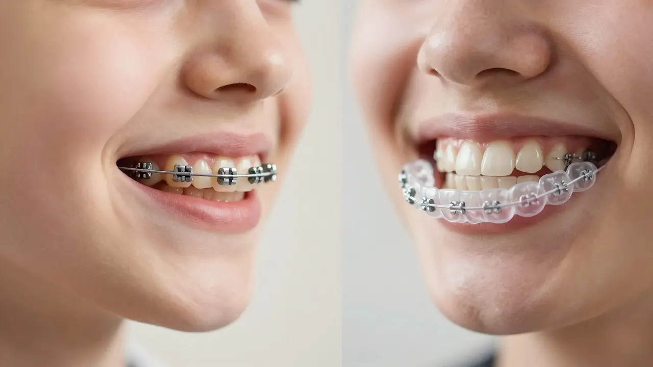 Srovnání klasických kovových rovnátek a moderních průhledných alignerů.