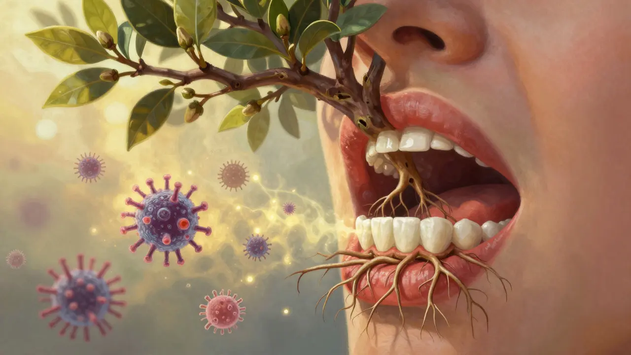 Strom s hřebíčky, jehož kořeny se mění v ochranné struktury uvnitř úst.