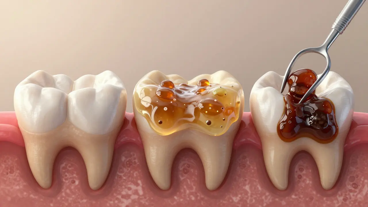 Tři fáze vývoje zubního plaku: čistý zub, lepkavý plak a tvrdý kámen, který vyžaduje zubaře.