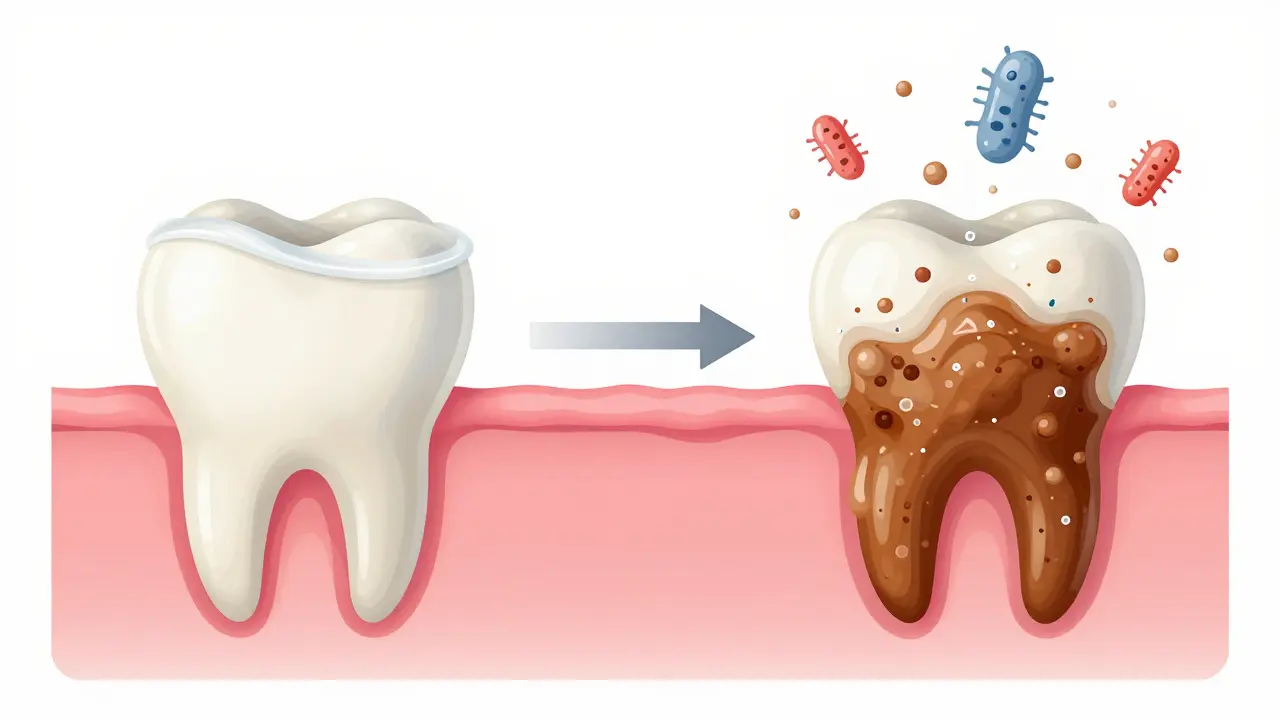 Vývoj zubního plaku do zubního kamene v krokovém znázornění na zubním povrchu.