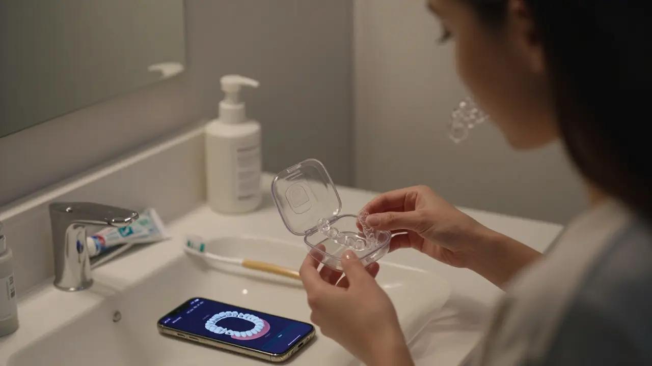 Žena odstraňuje průhledná rovnátka a ukládá je do příslušenství ve koupelně.