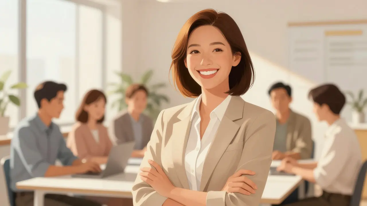 Žena s zdravými zuby jako vedoucí týmu v kanceláři.