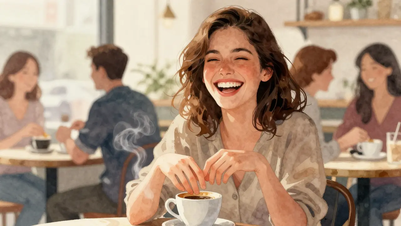 Žena se směje v kavárně, ale její zuby jsou šedivě zbarvené a vyhýbá se pohledu.