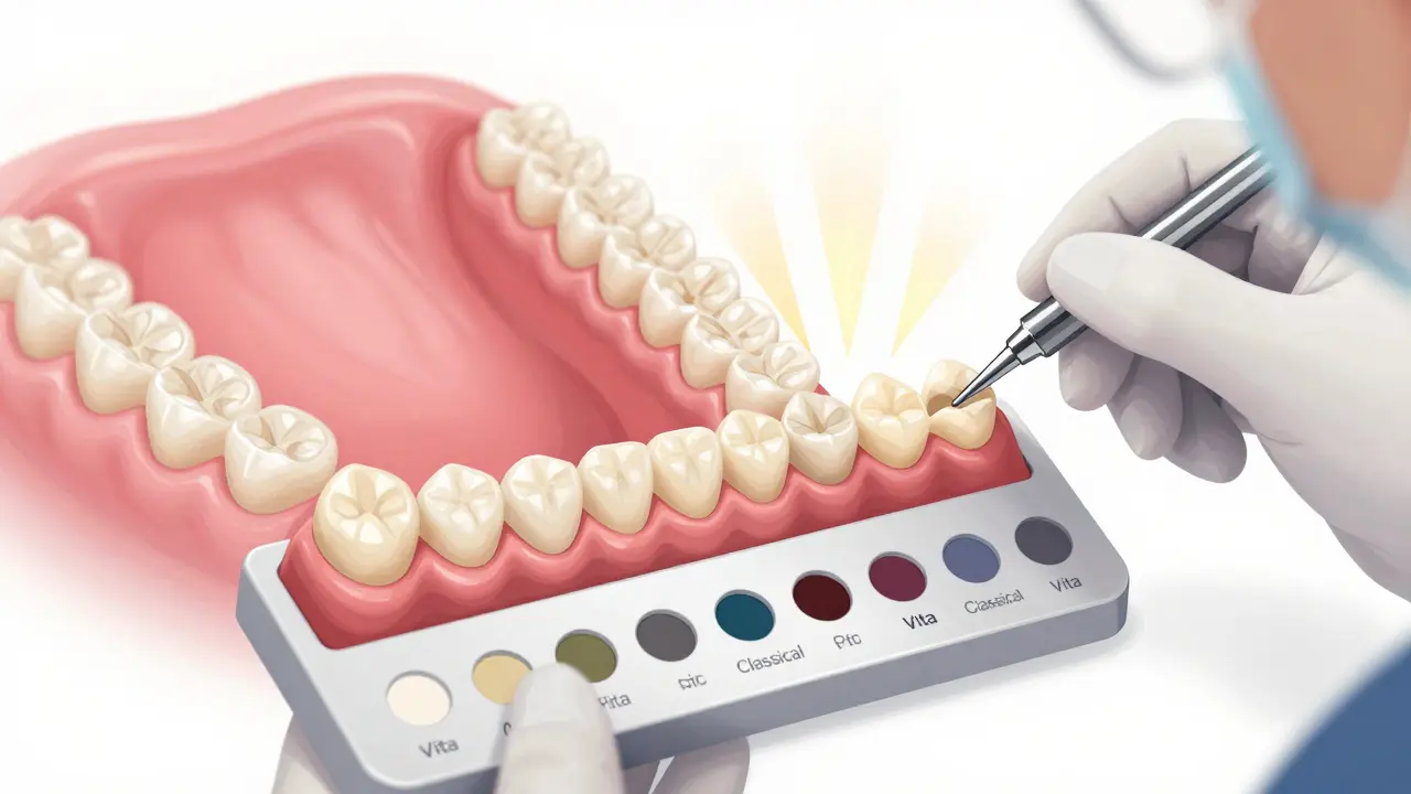 Zubař používá barvovou škálu, aby přizpůsobil nový zubní můstek barvě vybělených zubů.