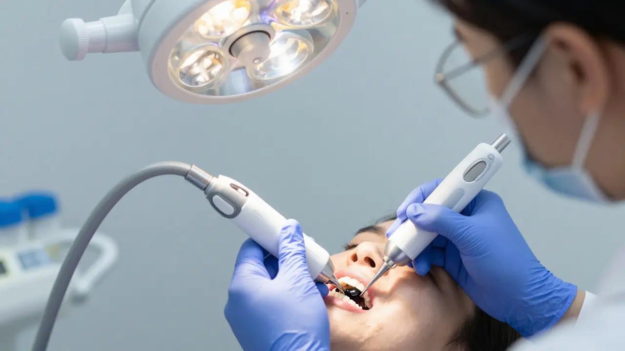 Zubní lékař odstraňuje černý zubní kámen profesionálním čištěním