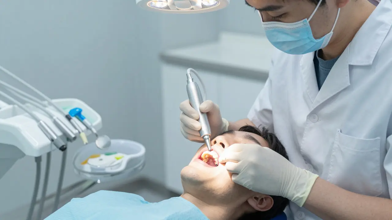 Zubní lékař odstraňuje zubní kámen ultrazvukovým přístrojem