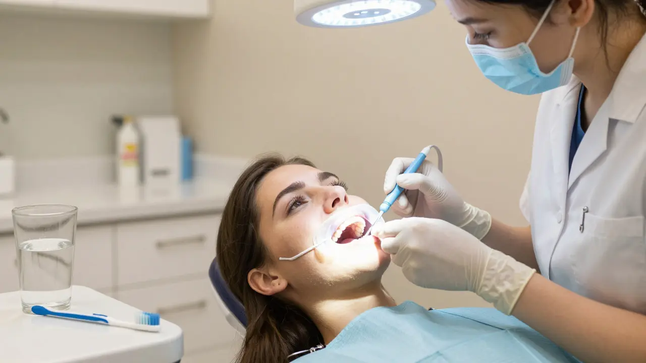 Zubní lékař provádí profesionální bělení zubů pod LED světlem v klinice.