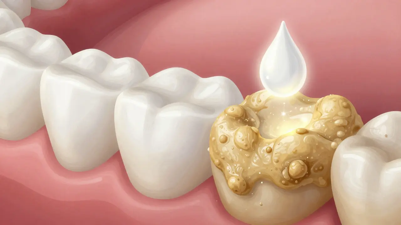 Čistá strana zubu svítí, zatímco druhá je pokrytá hmotnou žlutou vrstvou plaku, která blokuje bělící látku.