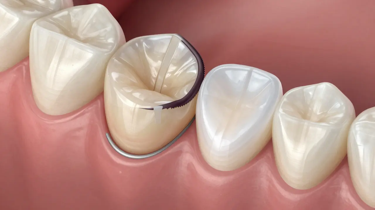 Close-up of a damaged veneer edge versus a restored one, highlighting micro-leakage and repair.