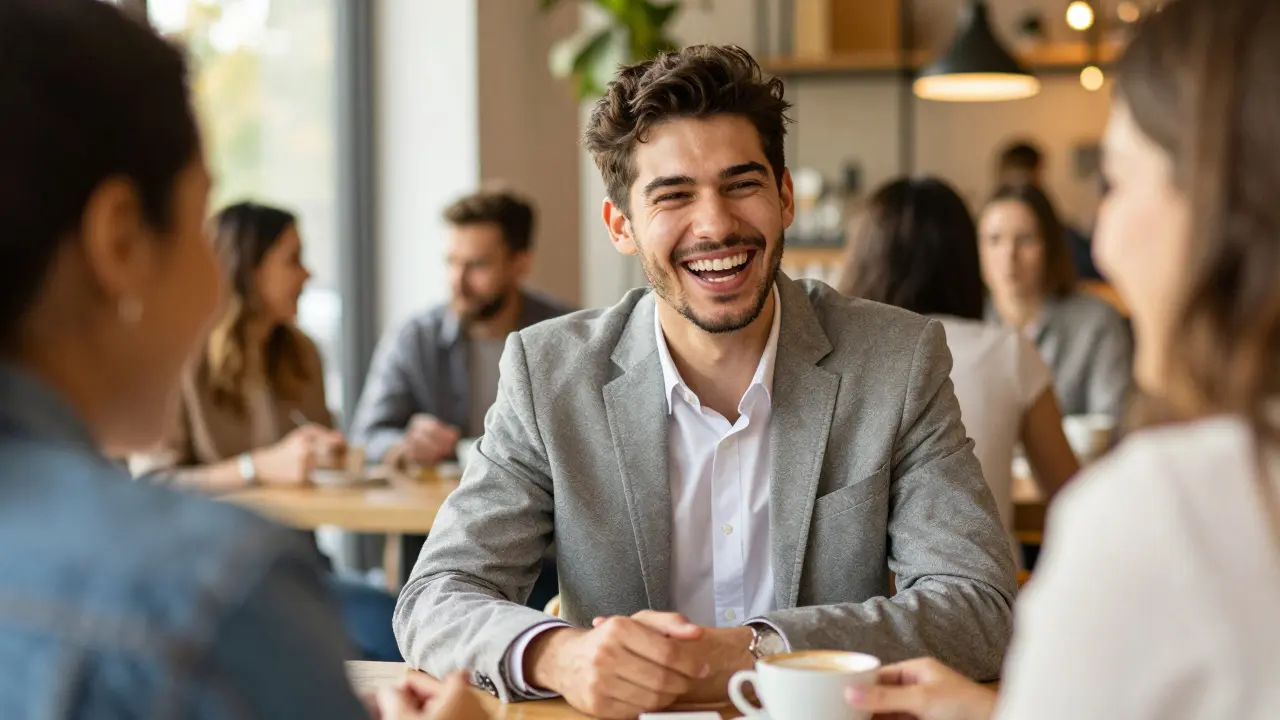 Člověk se radostně směje v společnosti přátel, září sebevědomím.