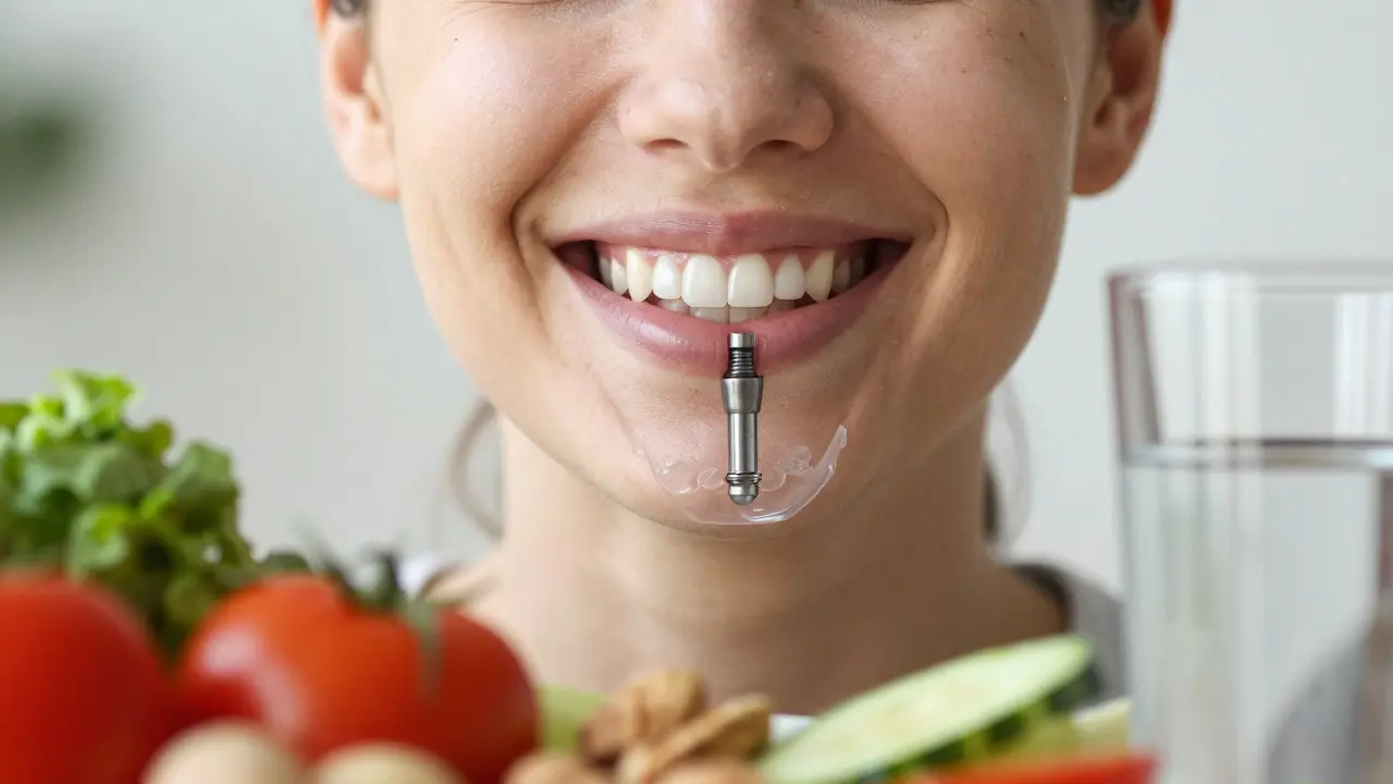 Člověk se směje s plnou sadou zubů, transparentní část ukazuje implantát integrovaný v čelisti.