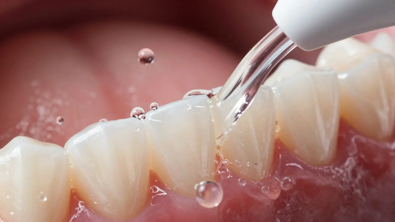 Detailní pohled na vodní flosser čistící mezi zuby podél dásní.