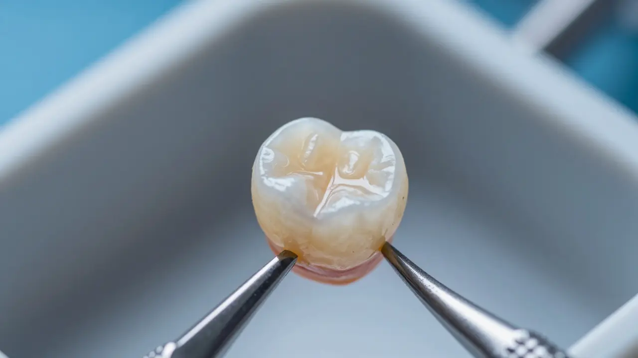 Detailní záběr na porcelánovou zubní fazetu s průsvitností.