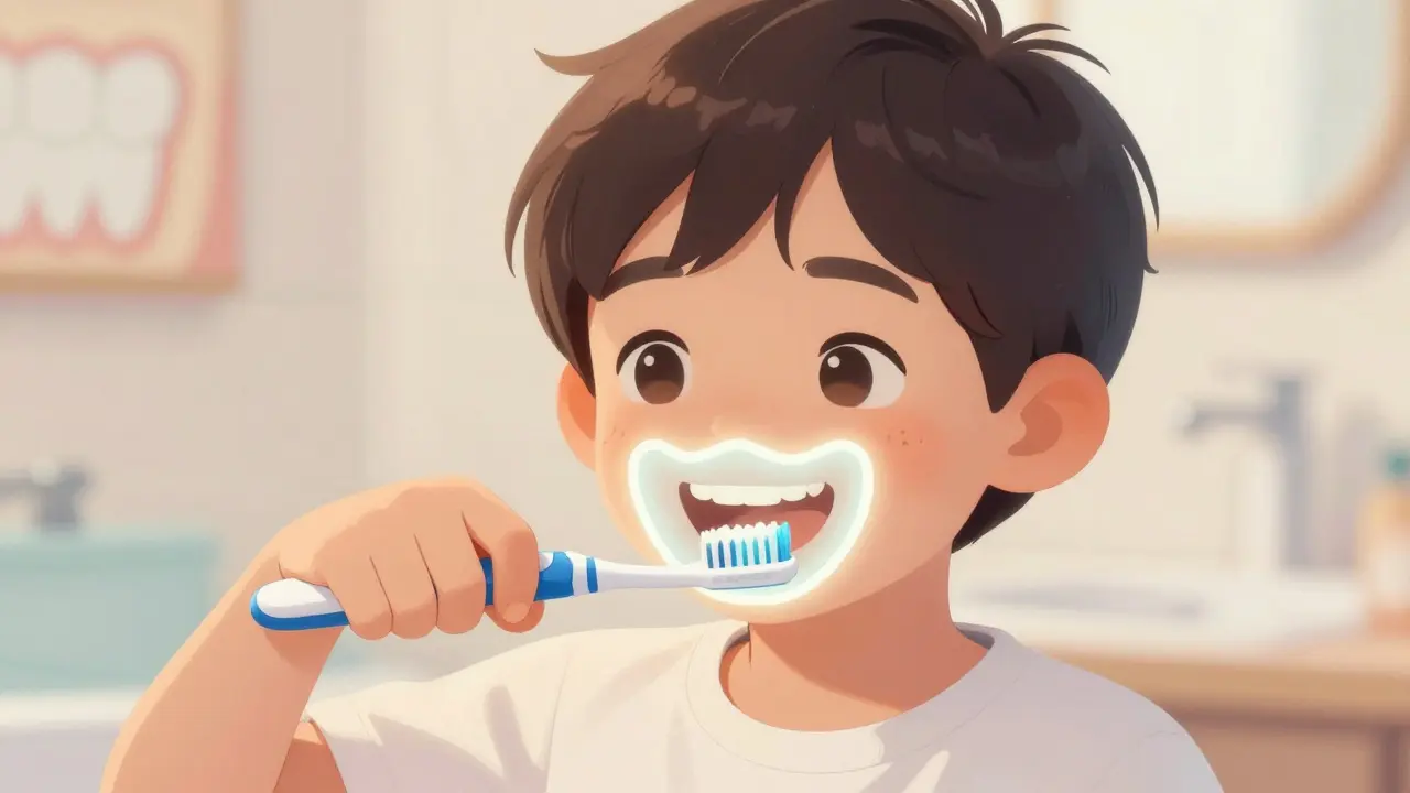 Dítě čistí zuby dětským kartáčkem Curaprox Junior se šťastným výrazem.
