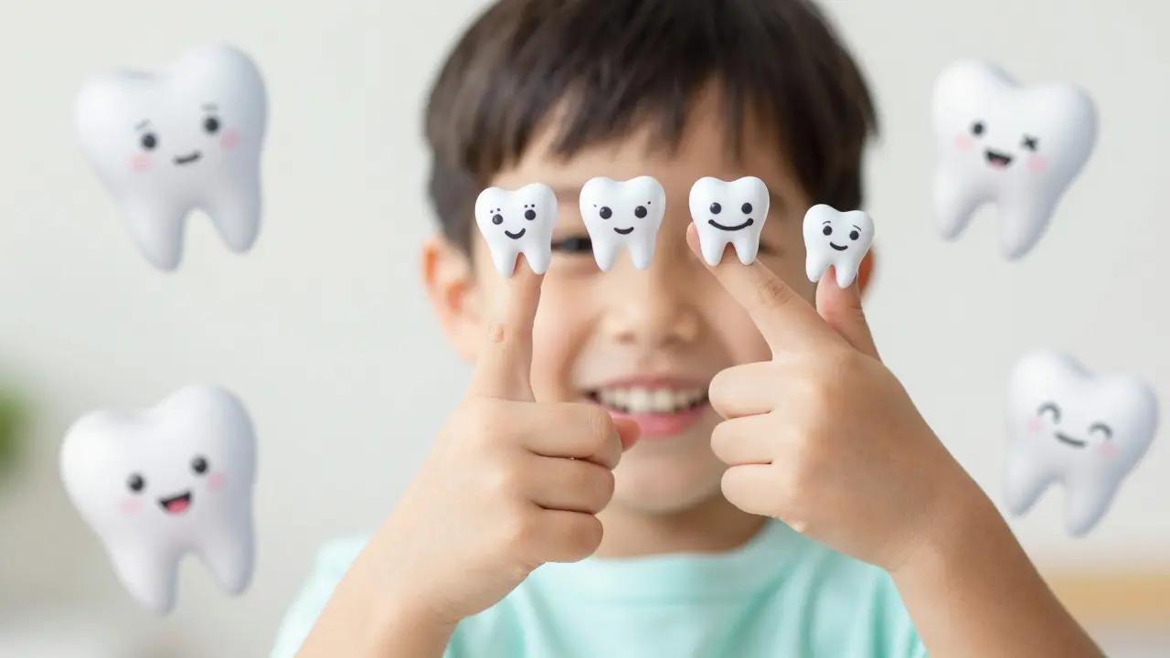 Dítě ukazuje na vlastní zuby, drží ruku s nakreslenými zuby jako prsty, kolem nich plovou veselé kartonové zuby.