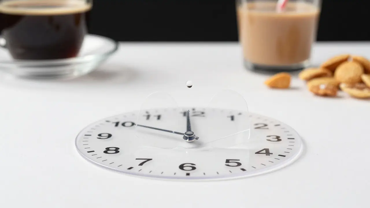 Hodiny ukazují 30 minut a 2 hodiny nad neviditelnými rovnátky, symbolizující čekání po hygieně.