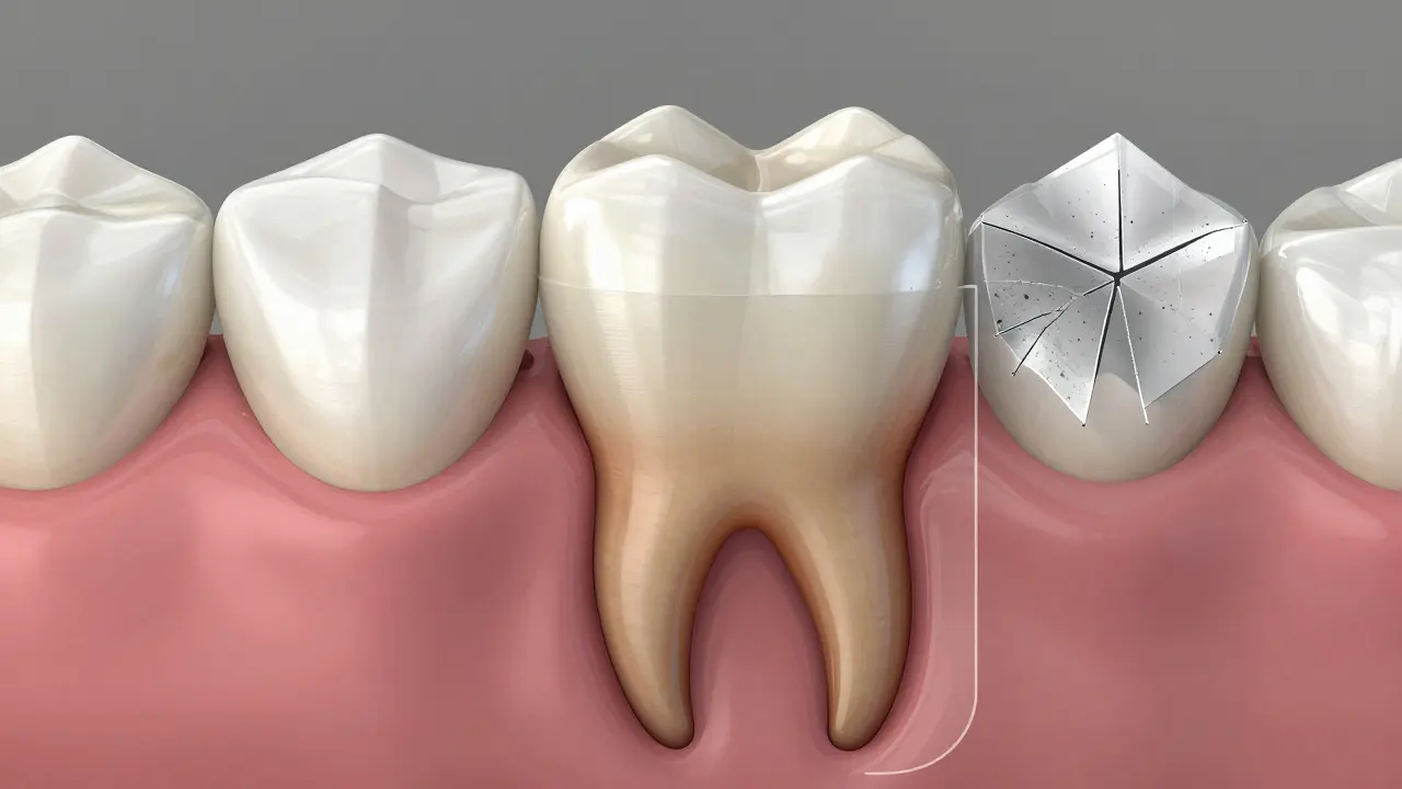 Ilustrace fazety s překryvem ukazující vnitřní vybělování zubu pod ní a poškození povrchu od abrazivní pasty.