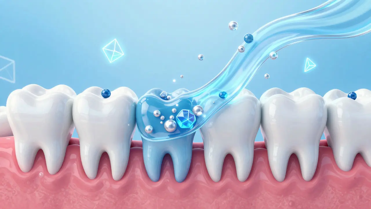 Ilustrace zdravých zubů s procesem remineralizace