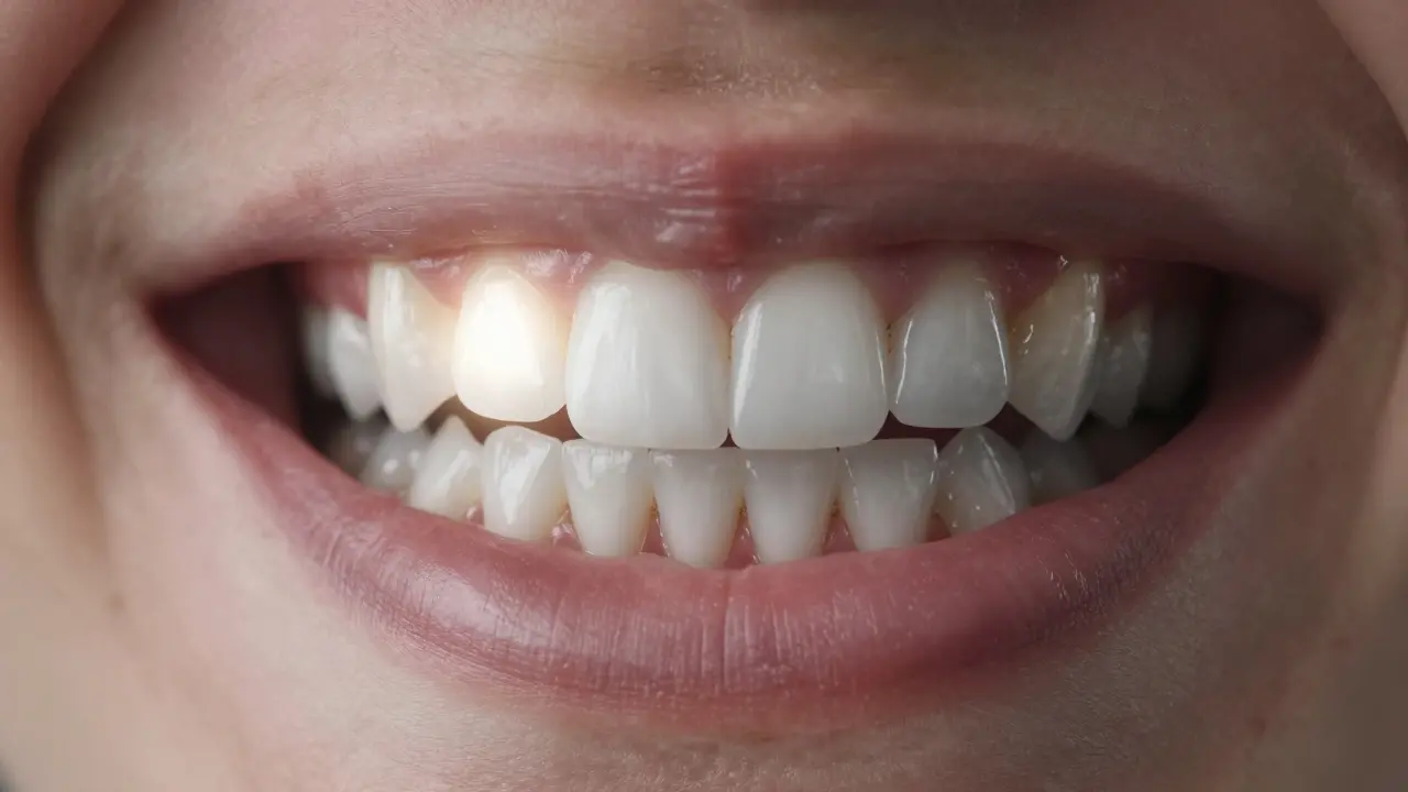 Jedna bílá výplň v zápěstí smíchu září, zatímco ostatní zuby jsou šedé.