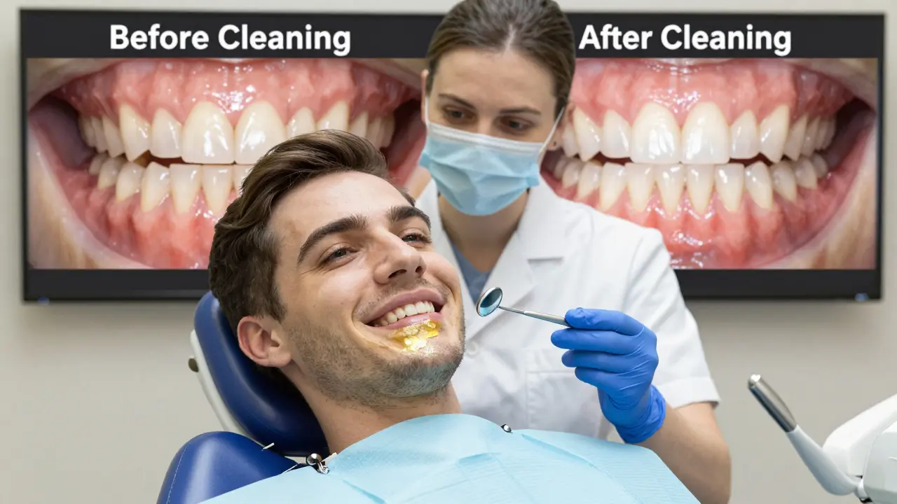 Jedna polovina zubů je bělá, druhá tmavá s plakem, dentist ukazuje na rozdíl.