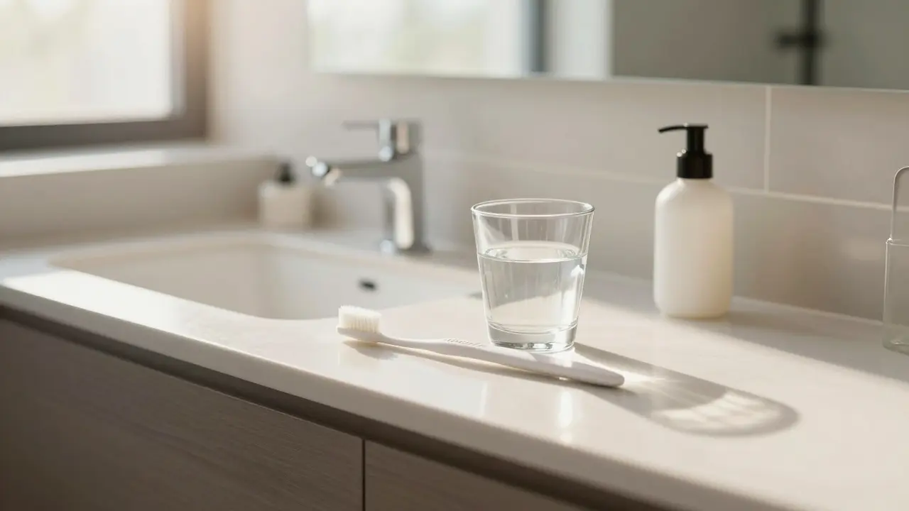 Jemná ranní rutina v moderní koupelně s prostředky na hygienu.